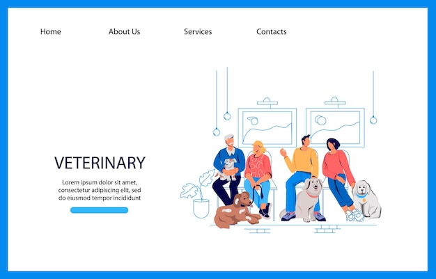 Banner del sitio web de la clínica veterinaria con personas y mascotas ilustración vectorial plana