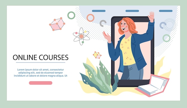 Banner de sitio web de cursos a distancia en línea o plantilla de página de destino Cursos educativos y tecnología de Internet de aprendizaje electrónico remoto Ilustración de vector plano
