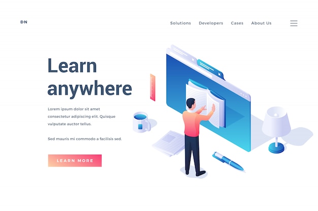 Banner de sitio web isométrico con hombre leyendo un libro en el navegador usando un servicio conveniente Aprenda en todas partes aislado sobre fondo blanco