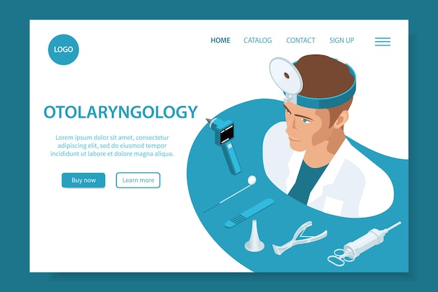 Banner de sitio web isométrico de otorrinolaringología o página de inicio con enlaces y dos botones grandes ilustración vectorial