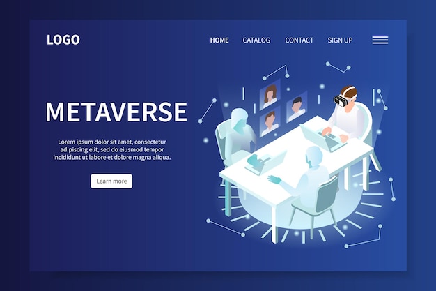 Banner de sitio web isométrico vr metaverso o página de destino con enlaces título grande y aprender más ilustración de vector de botón