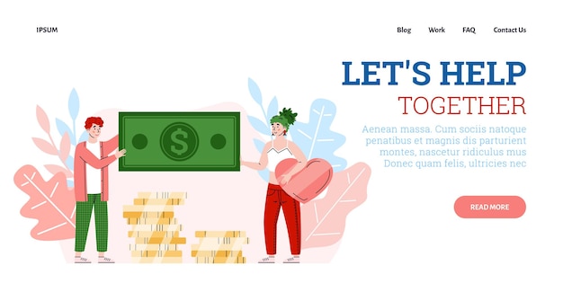 Banner de sitio web con voluntarios donando dinero ilustración vectorial plana