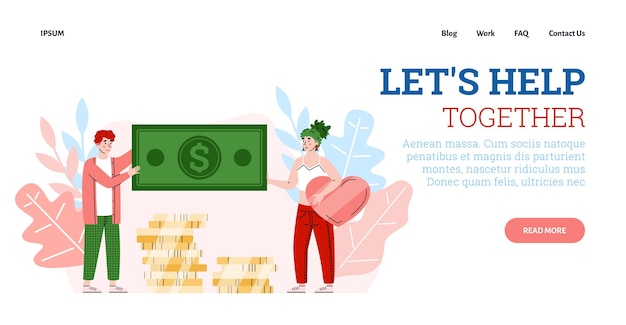 Vector banner de sitio web con voluntarios donando dinero ilustración vectorial plana