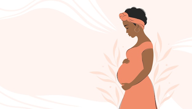 Banner sobre el embarazo con lugar para el texto Mujer africana embarazada futura mamá abrazando el vientre con los brazos