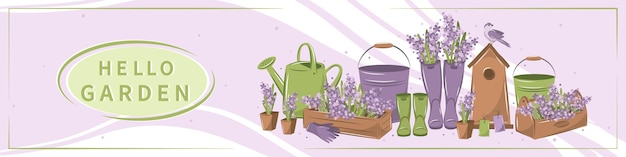 Vector banner sobre jardinería conjunto de herramientas para jardinería y cultivo de plantas herramientas agrícolas.