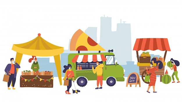 Vector banner sobre el tema del mercado agrícola, alimentos orgánicos. festival de comida callejera. diferentes vendedores, tienda local. los agricultores venden frutas y verduras frescas. la gente compra comida después del bloqueo del coronavirus. diseño plano