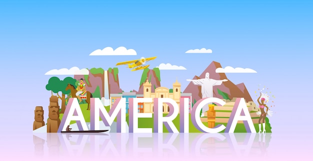 banner sobre temas: viaje a Sudamérica, lugares de Sudamérica, vacaciones en Sudamérica, aventura de verano. Estilo plano moderno