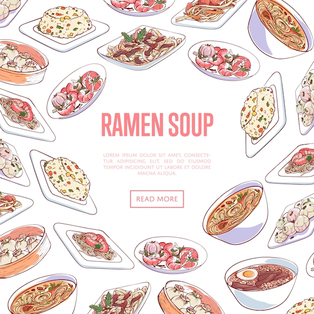 Banner de sopa de ramen chino con platos asiáticos