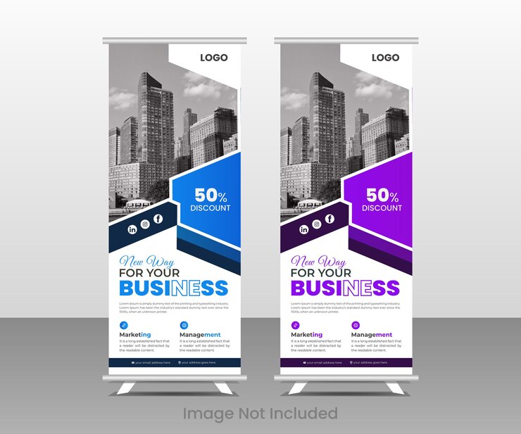 banner standee rollup de empresa moderna en color azul y morado