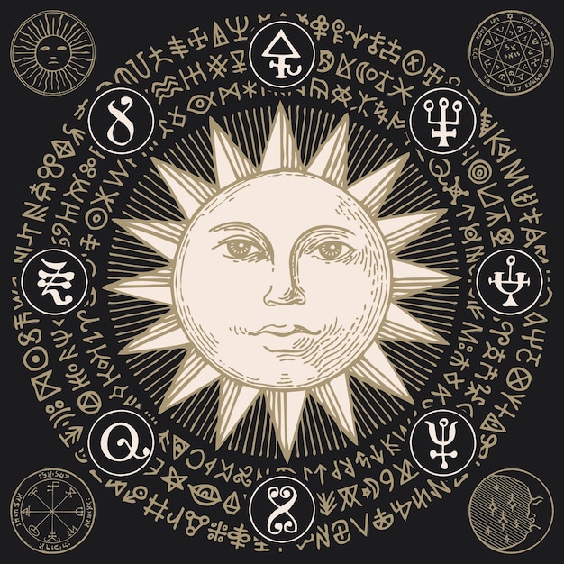 Banner con sun y símbolos mágicos en estilo retro