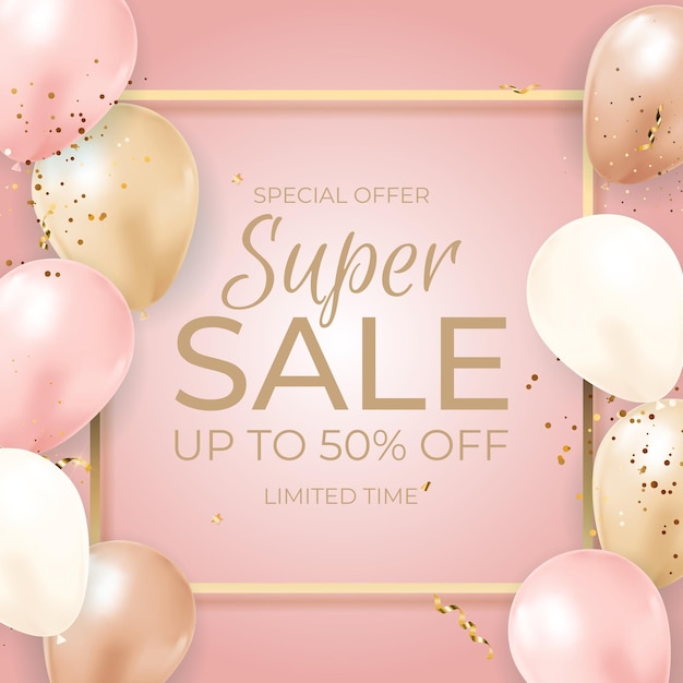 Banner de super sale por tiempo limitado con globos, marco dorado, cinta y confeti.