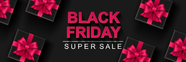 Banner de super venta de viernes negro fondo horizontal oscuro con caja de regalo negra con lazos rosas