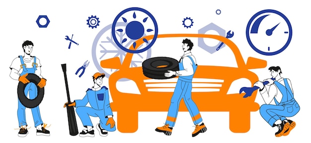 Banner de taller y servicio de reparación de automóviles con mecánicos Trabajadores en servicio de neumáticos o taller de reparación de automóviles