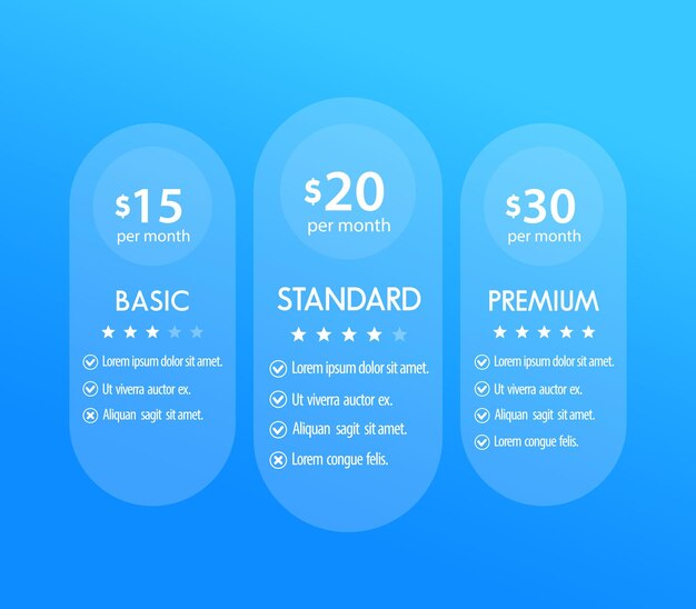 Banner para tarifas conjunto de cuadros de tabla de precios plantilla vectorial