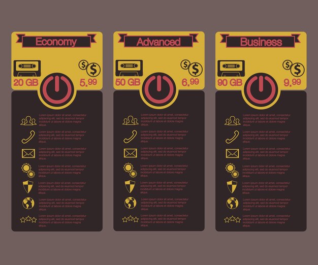 Banner para las tarifas y listas de precios Elementos web Plan hosting Diseño vectorial para aplicación web