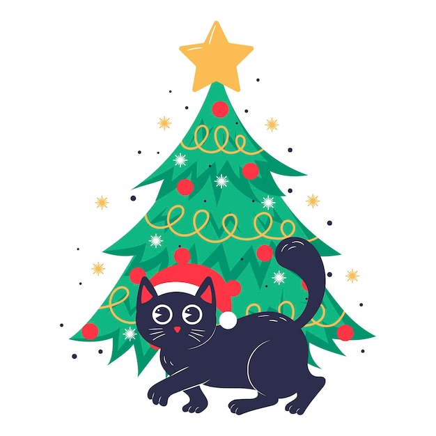 Banner de tarjeta de Navidad o plantilla de póster con árbol de Navidad y lindo gato negro sentado en la parte superior