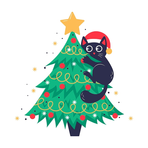 Banner de tarjeta de navidad o plantilla de póster con árbol de navidad y lindo gato negro trepando en él