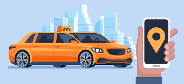 Banner de taxi Servicio de taxi en línea de solicitud de aplicaciones móviles El hombre llama a un taxi por teléfono inteligente
