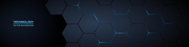 Banner de tecnología abstracta hexagonal ancho oscuro