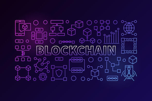 Banner de tecnología hecho con signos de línea de cadena de bloque y palabra BLOCKCHAIN dentro