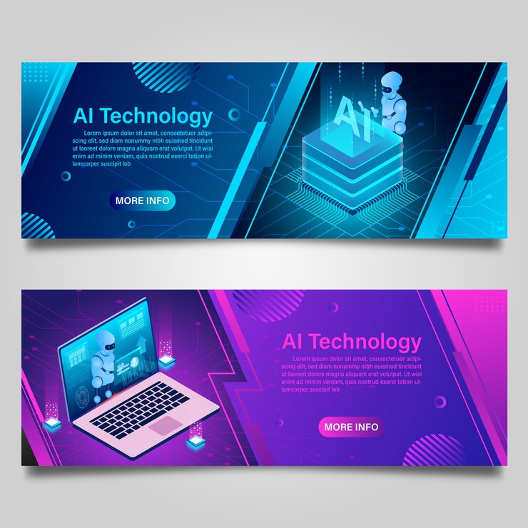 Vector banner de tecnología de robot de inteligencia artificial para diseño isométrico empresarial