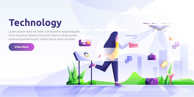 Vector banner de tecnología voladora de mujer y drone