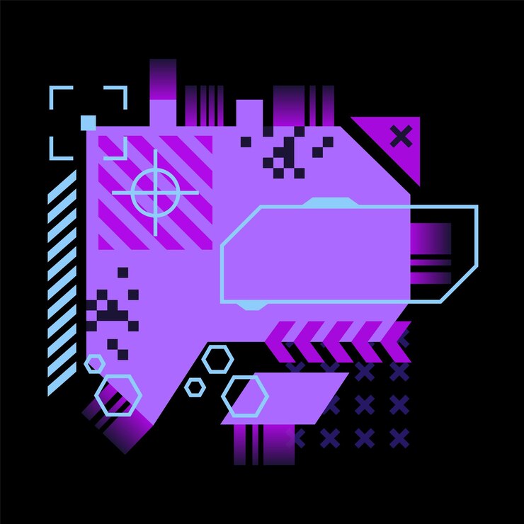 Vector banner tecnológico de glitch concepto de placa de circuito cibernético futurista con una paleta púrpura