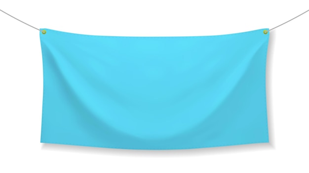 Banner de tela azul con pliegues aislado sobre fondo blanco.