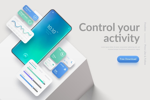 Banner con teléfono móvil realista en podio de cubo y elementos de interfaz de la aplicación de fitness