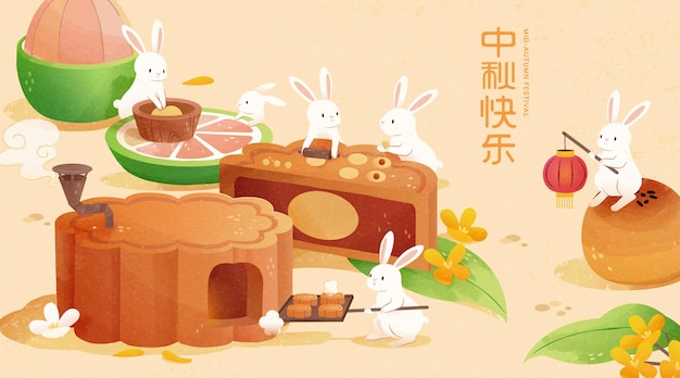 Banner de tema de panadería de pastel de luna asiático Lindos conejos blancos haciendo sabrosos pasteles de luna juntos para celebrar la festividad Traducción Feliz festival de mediados de otoño