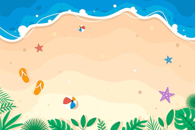 Banner de tema de verano en una hermosa playa y fondo de arena con boya y frutas Vector Premium