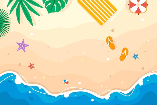 Banner de tema de verano en una hermosa playa y fondo de arena con boya y frutas Vector Premium