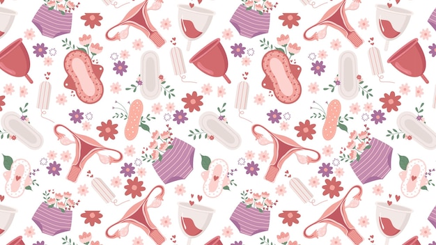 Banner temático de menstruación de fondo transparente con copas de útero y toallas sanitarias femeninas