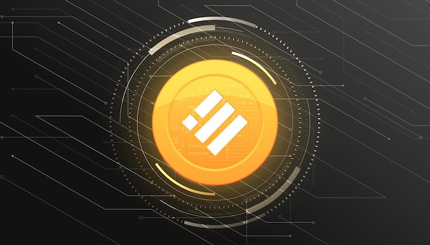 Banner temático de moneda criptográfica de Binance USD (BUSD). Moneda Binance USD o icono BUSD sobre fondo de color negro moderno.