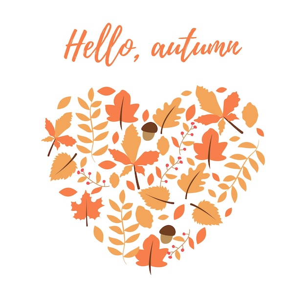 Vector banner de la temporada de otoño en forma de corazón tarjeta de felicitación con la inscripción hola otoño