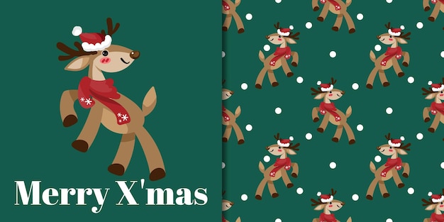 Banner de temporada de vacaciones de Navidad con texto de feliz Navidad y patrón sin fisuras de lindo reno usar gorro de Papá Noel y bufanda sobre fondo verde con copos de nieve. Ilustración vectorial.