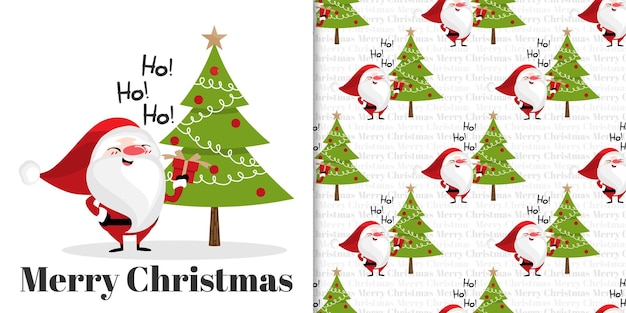 Banner de temporada de vacaciones de Navidad con texto Feliz Navidad y patrón sin fisuras de Santa Claus sostiene una caja de regalo con árbol de Navidad sobre fondo blanco. Ilustración vectorial.