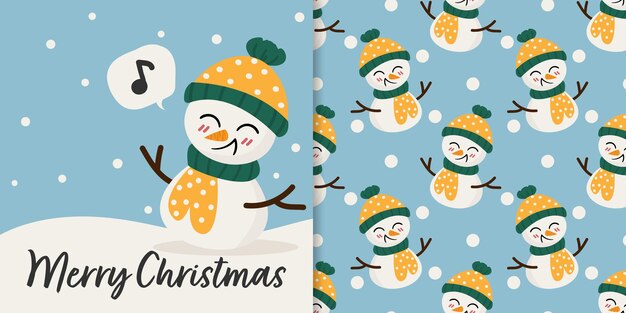 Banner de temporada de vacaciones de Navidad con texto feliz Navidad y patrones sin fisuras de lindo muñeco de nieve en trajes de invierno sobre fondo azul claro con copos de nieve. Ilustración vectorial.