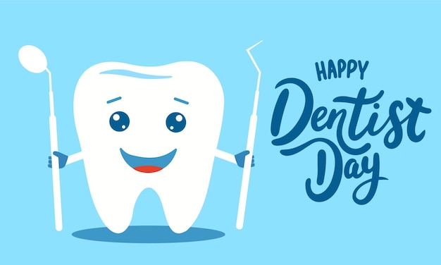 Banner de texto de Feliz Día del Dentista Texto escrito a mano Día del Dentista Arte vectorial dibujado a mano