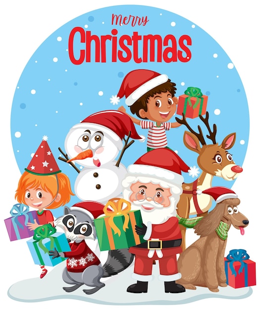 Banner de texto de feliz Navidad con Santa Claus y amigos