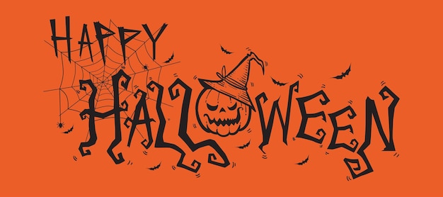 Banner de texto horizontal de Halloween con murciélagos voladores calabaza y araña Vector de fondo naranja