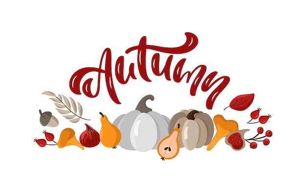 Banner de texto de letras de caligrafía de vector de otoño en hojas de otoño de marco, bellotas, calabazas y bayas. Plantilla de vector.