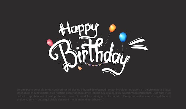 Banner de texto de letras de feliz cumpleaños con elemento de fiesta para celebración