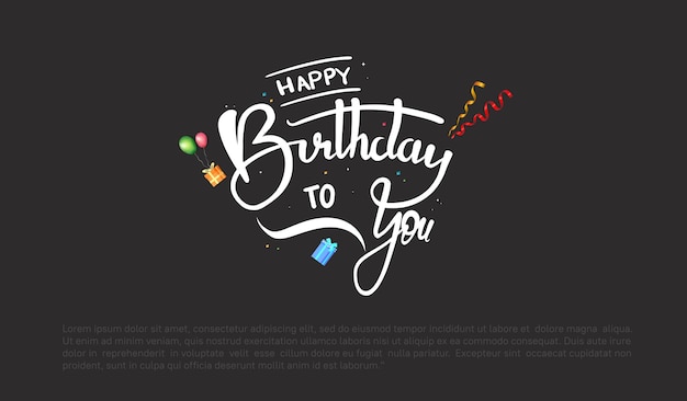 Banner de texto de letras de feliz cumpleaños con elemento de fiesta para celebración