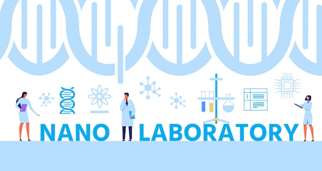 Banner de texto de nano lab con helix dna y expertos