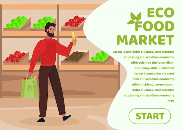 Vector banner de texto publicitario que promueve el mercado de alimentos ecológicos