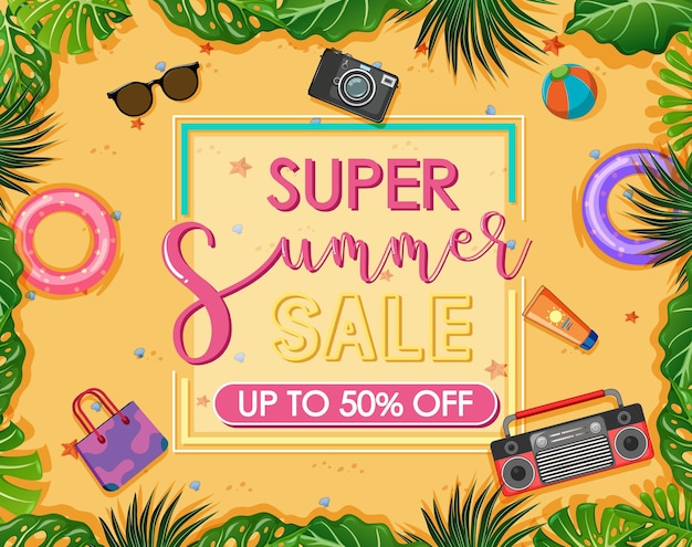 Banner de texto de super oferta de verano con artículos de playa