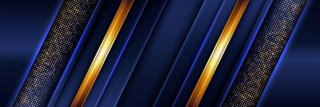 Banner de textura de gradación de formas geométricas de color azul oscuro con composición de líneas de color naranja brillante dinámico dorado