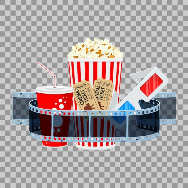 Banner de tiempo de cine y película con película transparente de iconos planos, palomitas de maíz, bebida en vaso de papel