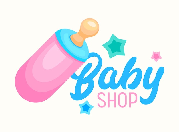 Vector banner de tienda para bebés, biberón infantil con chupete o chupete